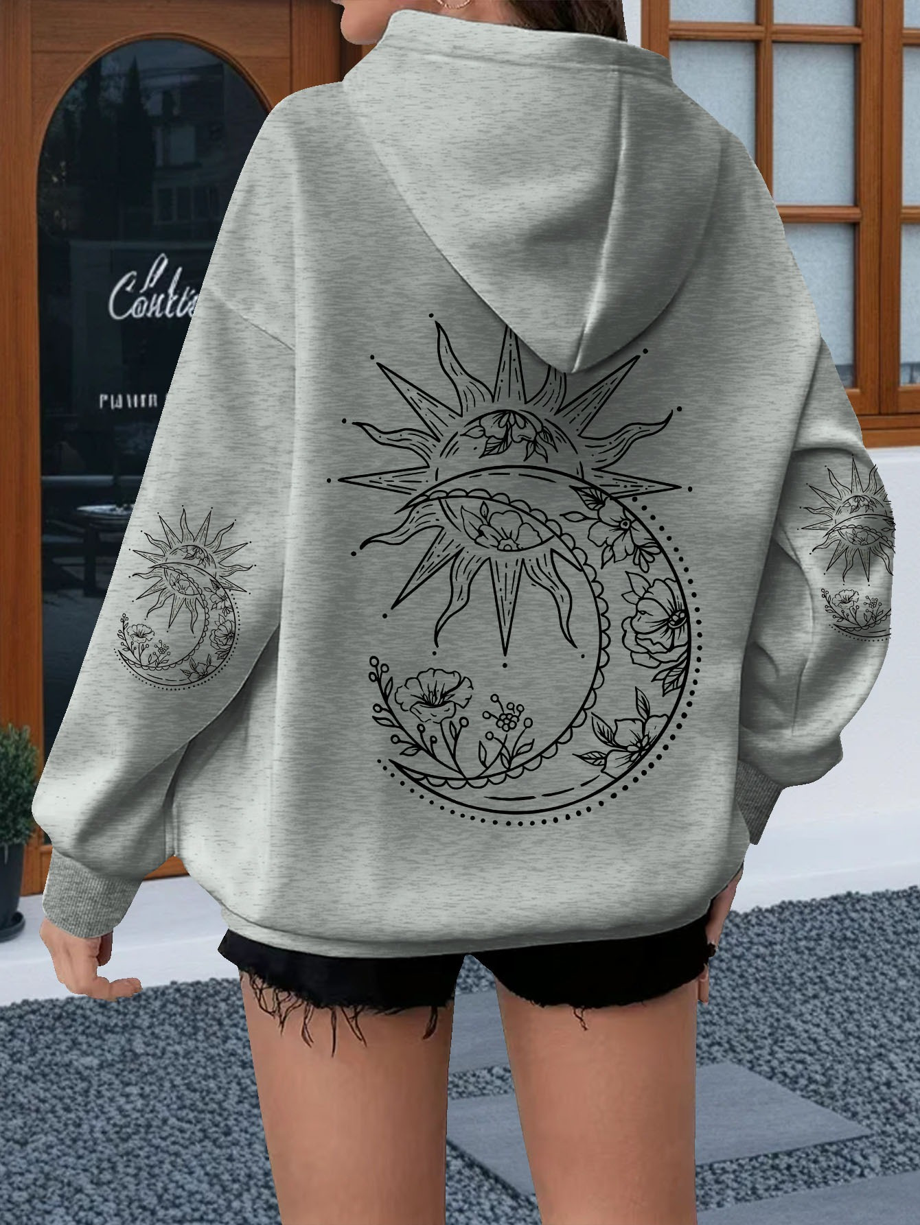 Hoodie Women Oversized - เสื้อฮู้ดพิมพ์ลายดอกไม้และพระอาทิตย์สำหรับผู้หญิง แบบยูนิเซ็กส์ สำหรับฤดูใบไม้ร่วงและฤดูหนาว ผ้าฟลีซ ทรงโอเวอร์ไซส์ เหมาะสำหรับใส่ในชีวิตประจำวันและกิจกรรมกลางแจ้งในทุกโอกาส