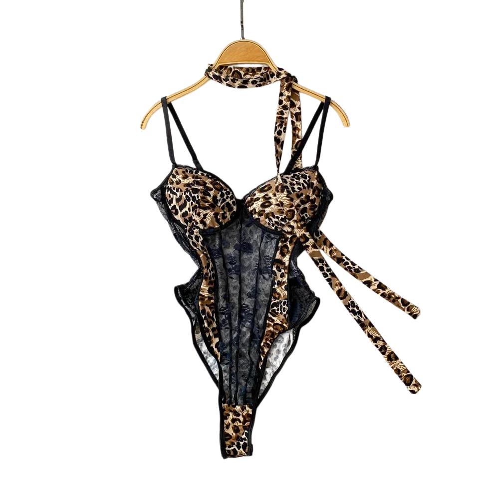 Women'S Fashion Underwear - ชุดบอดี้สูทผู้หญิงคอวีลายเสือดาว สายรัดแบบวินเทจ แต่งลูกไม้เก๋ไก๋ ชุดจั๊มสูททรงเข้ารูป สวมใส่สบาย แฟชั่นชุดชั้นใน