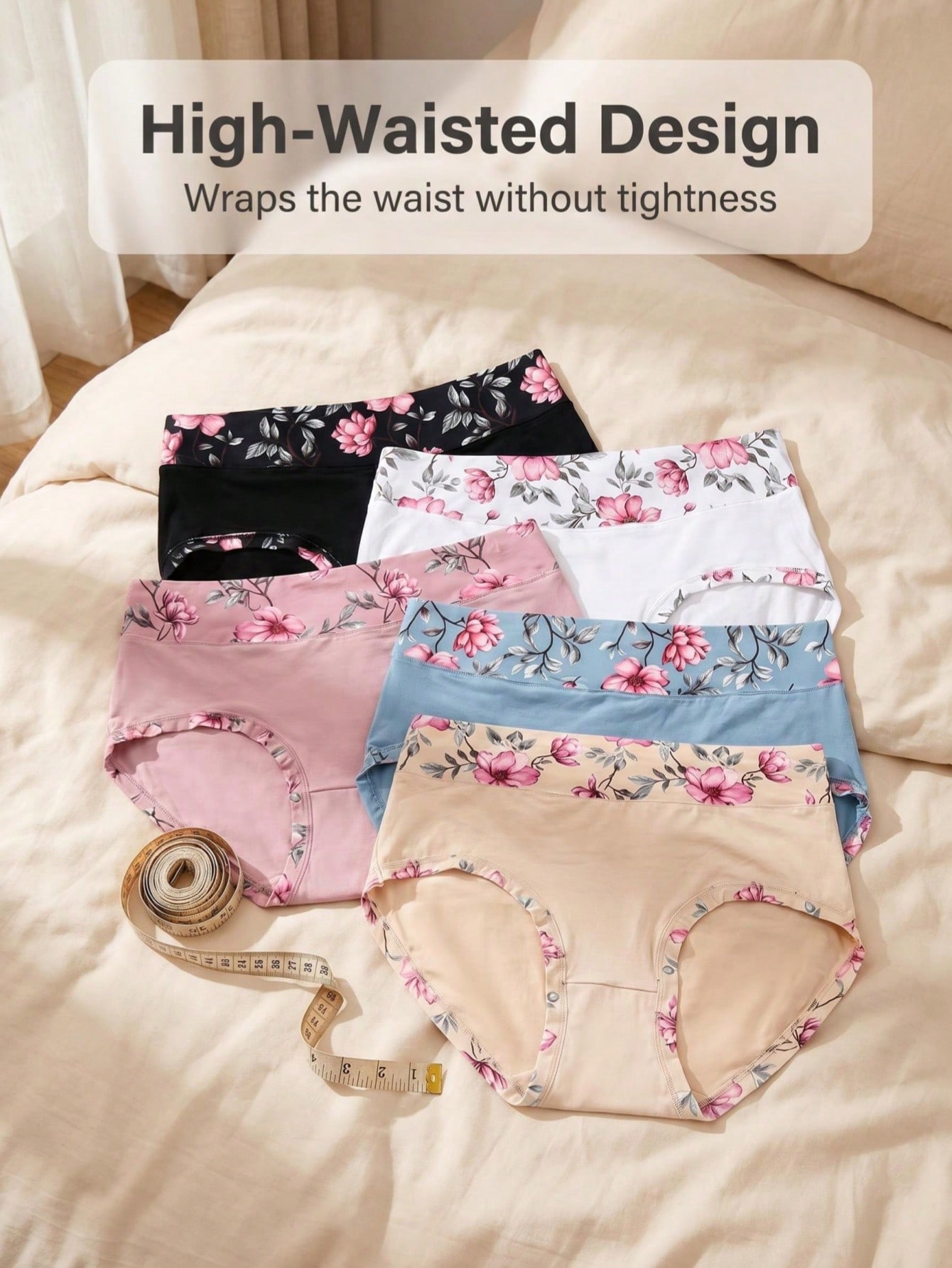 Women'S Fashion Underwear - 5 ชิ้น กางเกงในพิมพ์ลายดอกไม้สำหรับผู้หญิงไซส์ใหญ่, ชุดกางเกงในเอวกลางแบบเต็มตัว, ชุดชั้นในแฟชั่นเนื้อนุ่ม, ชุดใส่ในชีวิตประจำวันสำหรับฤดูร้อน