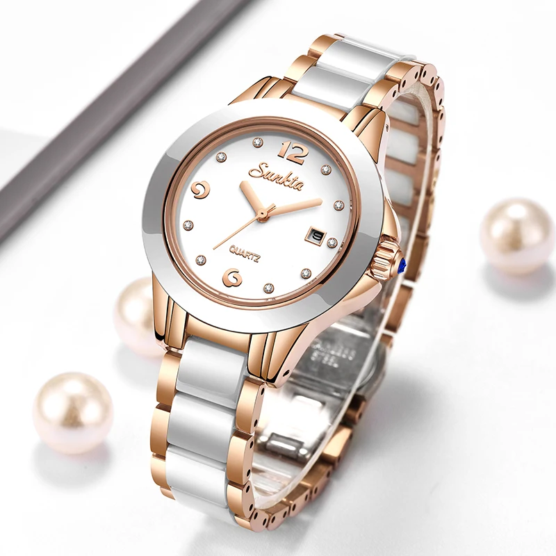 Women Fashion Simple - ซุนก้าต้าแฟชั่นนาฬิกาควอทซ์ผู้หญิงลำลองหรูหราเซรามิคเพชรปฏิทินกันน้ำสุภาพสตรีนาฬิกาผู้หญิงมงเตร เฟมม์