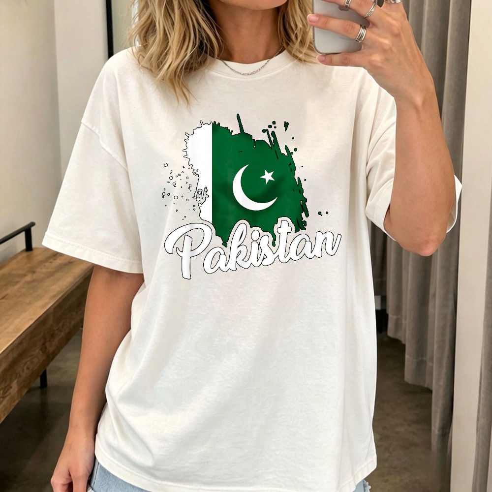 Women Fashion Pakistan - เสื้อยืดพิมพ์ลายธงชาติปากีสถาน เสื้อยืดแสดงความภาคภูมิใจของปากีสถาน แฟชั่นลำลอง แขนสั้น ผ้าฝ้าย ใส่สบายสำหรับฤดูร้อน