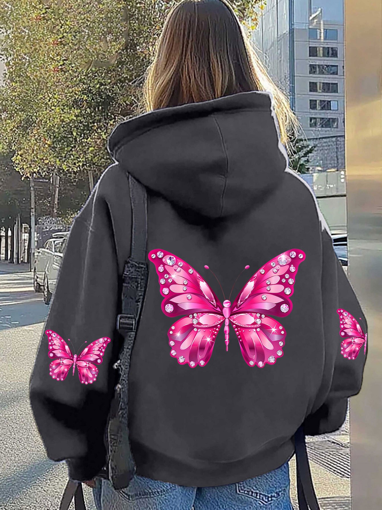 Hoodie Women Oversized - เสื้อฮู้ดดี้พิมพ์ลายผีเสื้อสำหรับผู้หญิง แบบยูนิเซ็กส์ สำหรับฤดูใบไม้ร่วงและฤดูหนาว ผ้าฟลีซ ทรงโอเวอร์ไซส์ เหมาะสำหรับใส่ในชีวิตประจำวันและกิจกรรมกลางแจ้งทุกโอกาส