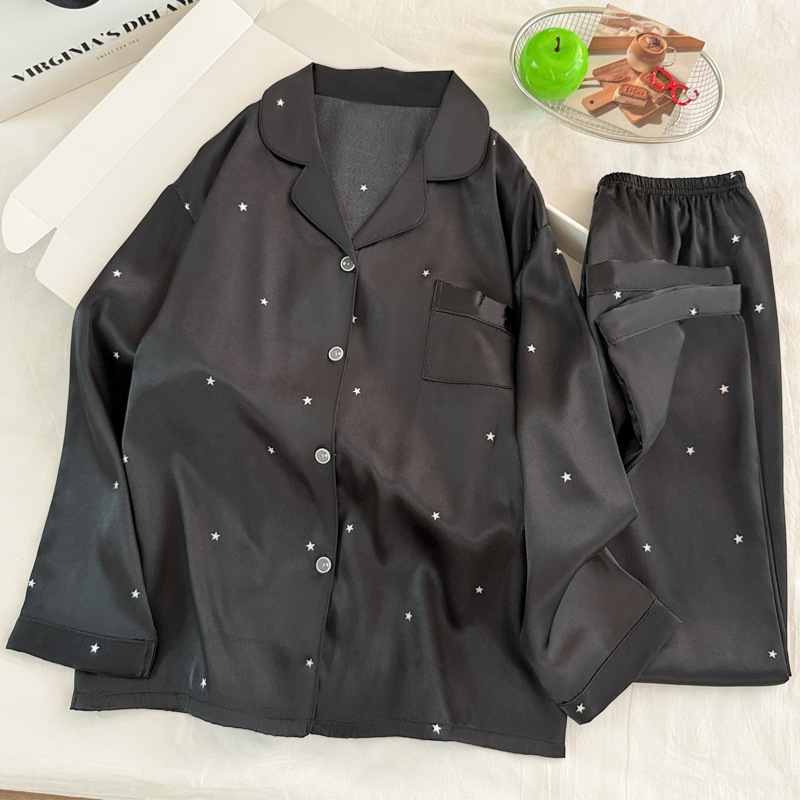 Women Fashion Simple - ชุดนอนผ้าไหมสีดำลายดาวเรียบง่ายทันสมัยสำหรับผู้หญิง ฤดูใบไม้ผลิและฤดูใบไม้ร่วง แขนยาว ทรงหลวม คุณภาพสูง ชุดนอนใส่สบายๆ
