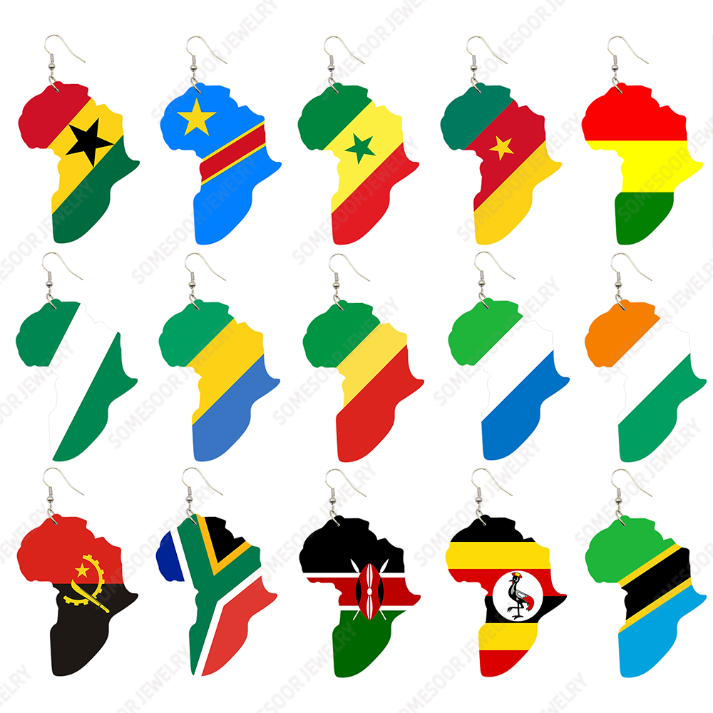 Women'S Fashion Guide - SOMESOOR Afro ประเทศธงแห่งชาติพิมพ์แอฟริกาแผนที่ไม้ต่างหูรูปหยดน้ำจี้สำหรับแอฟริกันแผ่นดินใหญ่ Dangle เครื่องประดับ