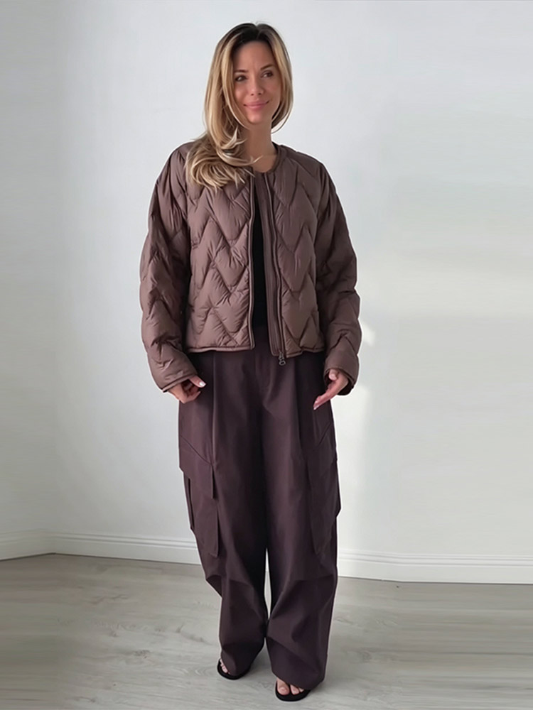 เสื้อแจ็คเก็ตผู้หญิงทรงหลวม คอ - Women'S Fashion Quilted Jacket บทวิจารณ์และราคา